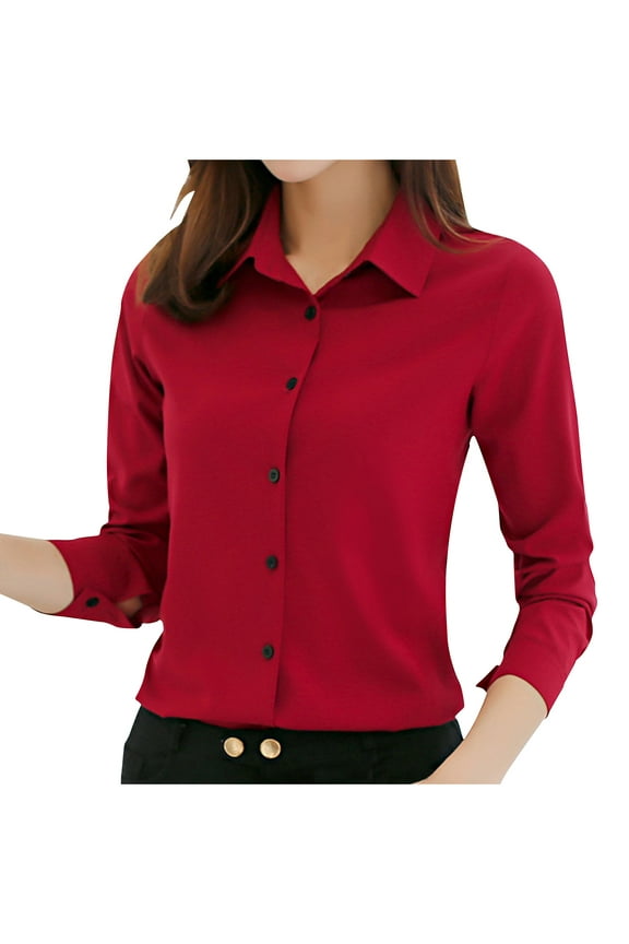 Women Elegant Long Sleeve Blouses Button Down Work Collar Shirts Petite Elegant V Neck Fall Korean Fashion Bussiness Office Casual Tops Red S