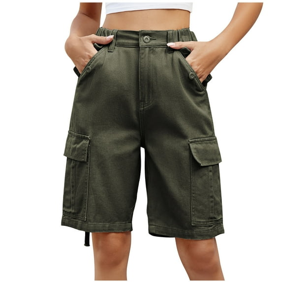 WCMZJ Women Fashion Cargo Shorts Knee Length 6 Pockets Button Zipper Casual Summer Solid Color Elastic Waist Long Pants
