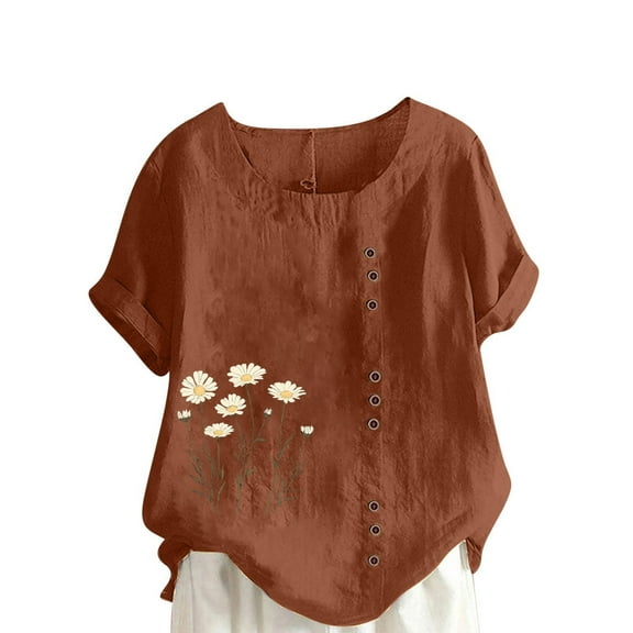 WCMZJ Women Floral Print Linen Shirts Short Sleeve Gauze Tops Loose Fit Cotton Blouses Trendy 2025 Clothing Coffee 4XL