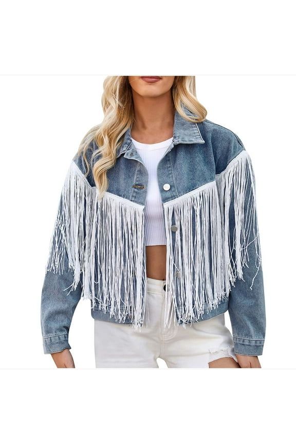 Women Fringe Crop Jean Jacket Boyfriend Long Sleeve Oversized Western Cowgirl Denim Fringe Jacket Coats Blue L