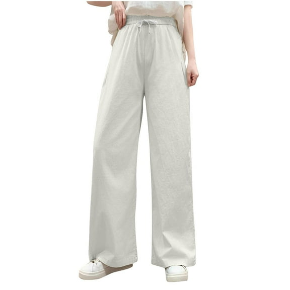 WCMZJ Women Linen Pants Wide Leg Casual Palazzo Pants Cotton Lounge Beach Summer Pants with Pockets White XL