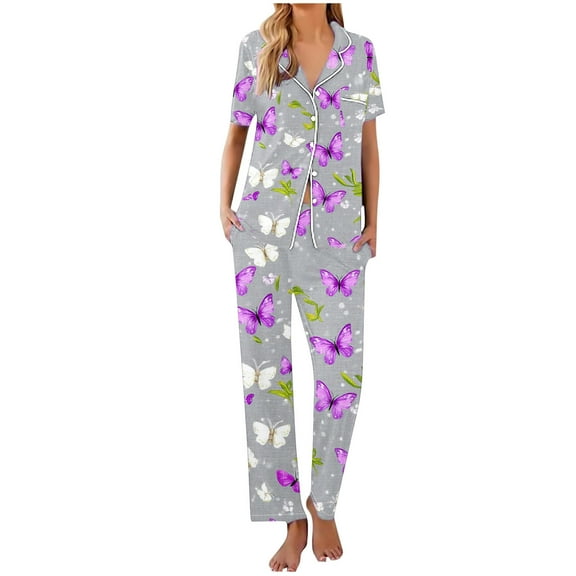 WCMZJ Women Pajamas Set Notch Collar Soft Sleepwear Pjs Short Sleeve Button Down Nightwear with Long Pants