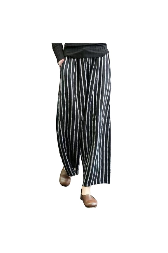 Women Plus Size Stripe Print Pants Linen Palazzo Pants Wide Leg Dress Pants Culottes Long Lounge Pants Baggy Slacks Black XXL