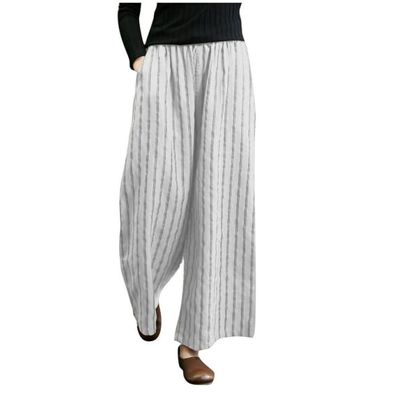 WCMZJ Women Plus Size Stripe Print Pants Linen Palazzo Pants Wide Leg Dress Pants Culottes Long Lounge Pants Baggy Slacks White 4XL