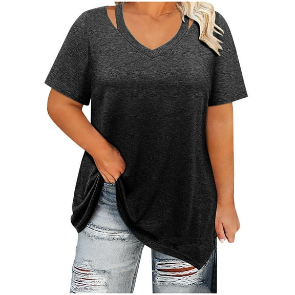 WCMZJ Women Plus Size Tops Cut Out V Neck Short Sleeve Blouses Side Slit Dressy Casual Tunic Tops to Wear with Leggings Black 3XL