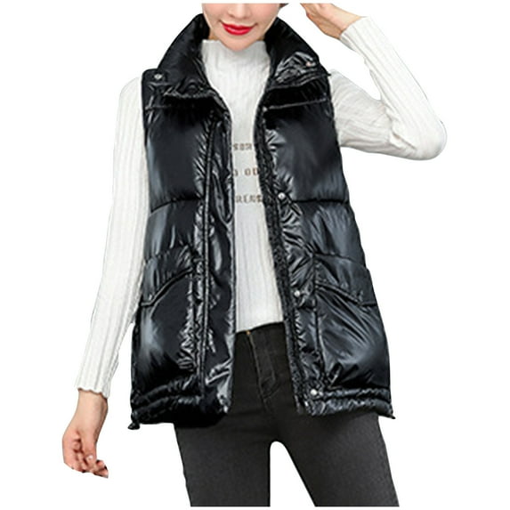 WCMZJ Women Puffer Vest Sleeveless Winter Zip Up Outerwear Warm Stand Collar Jacket Padded Gilet with Pockets Black XXL