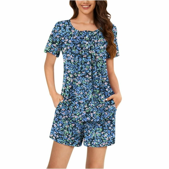 WCMZJ Women Short Sleeve Pajama Set 2 Piece Lounge Summer Floral Sleepwear Set Ruffle Henley Neck with Pockets Ladies Pjs Set