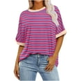 thumbnail image 1 of WCMZJ Women Stripe Print Oversized T Shirt Casual Color Block Exposed Seam High Low Pullover Blouses Crewneck Half Sleeve Tee Tops Hot Pink M, 1 of 5