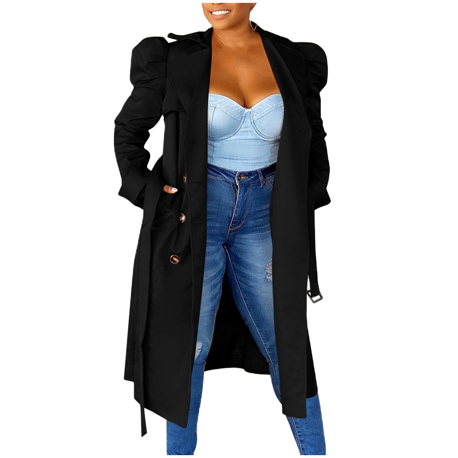 WCMZJ Women Trench Coat Elegant Long Puff Sleeve Loose Long