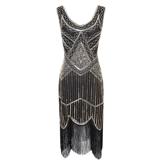 WCMZJ Women Vintage 1920s Dress Fringed Gatsby 1920 Dress V Neck Beaded Fringed Dress Vintage Disco Tassels Hem Dresses Beige L