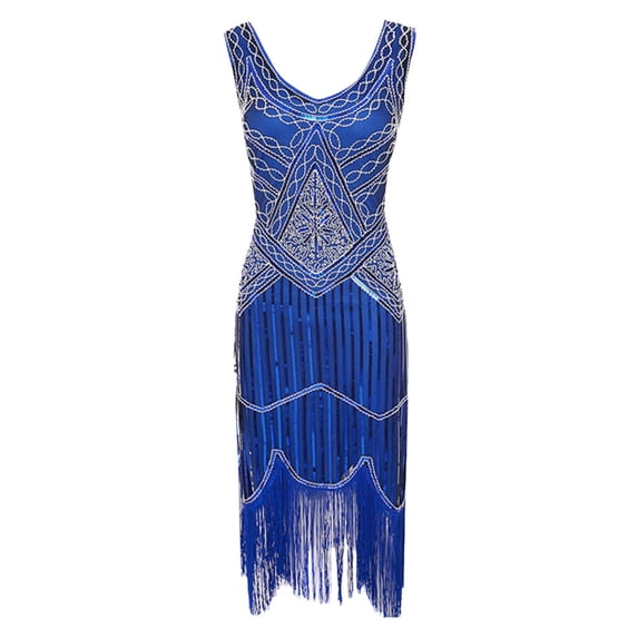 WCMZJ Women Vintage 1920s Dress Fringed Gatsby 1920 Dress V Neck Beaded Fringed Dress Vintage Disco Tassels Hem Dresses Blue S