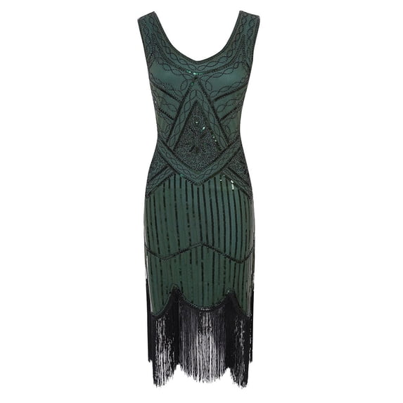 WCMZJ Women Vintage 1920s Dress Fringed Gatsby 1920 Dress V Neck Beaded Fringed Dress Vintage Disco Tassels Hem Dresses Green M