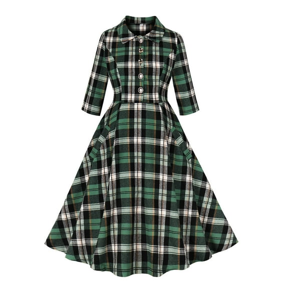 WCMZJ Women Vintage 1940s Dress Retro 40s 50s Button Down A Line Cocktail Dresses 3/4 Sleeve Formal Dress Green XXL