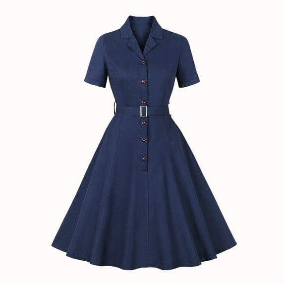 WCMZJ Women Vintage 1940s Dress Retro 40s 50s Button Down Business Work A Line Cocktail Dresses Short Sleeve Formal Dress Navy XL