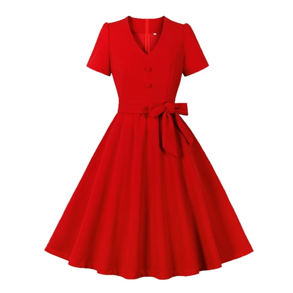 WCMZJ Women Vintage 1940s Dress Retro 40s 50s Button Down Business Work A Line Cocktail Dresses Short Sleeve Formal Dress Red L