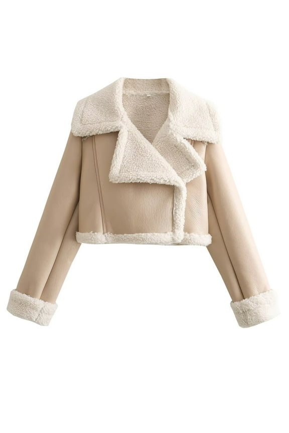 Women Winter Leather Jacket Thicken Fleece Lined Motorcycle Jacket Faux Fur Shearling Fluffy Coat Cropped Bomber Jacket Beige L