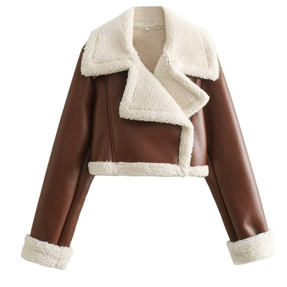 WCMZJ Women Winter Leather Jacket Thicken Fleece Lined Motorcycle Jacket Faux Fur Shearling Fluffy Coat Cropped Bomber Jacket Brown S