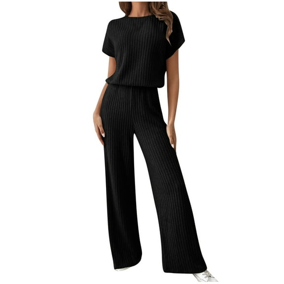 WCMZJ Women's 2 Piece Outfits Casual Loose Solid Color Ribbed Knit Crewneck Short Sleeve Tops Long Stretchy Wide Leg Pants Black S