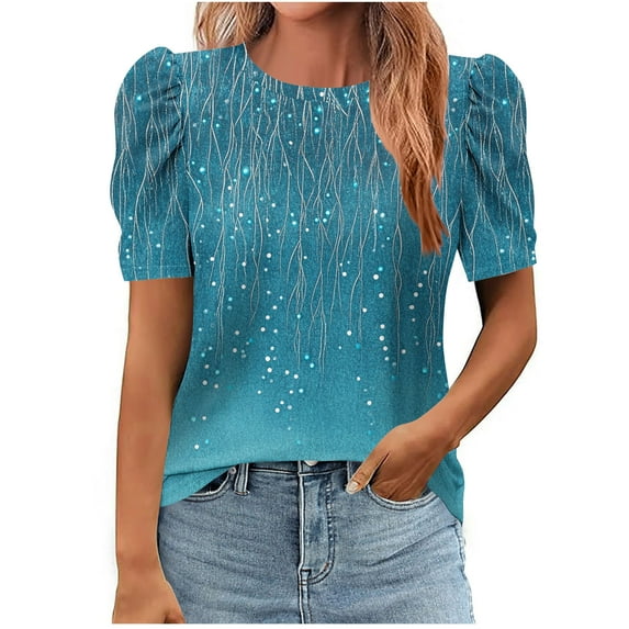 WCMZJ Women's 2025 Summer Short Puff Sleeve Tops Trendy Crewneck Floral Print Shirts Dressy Casual Blouses Light Blue L