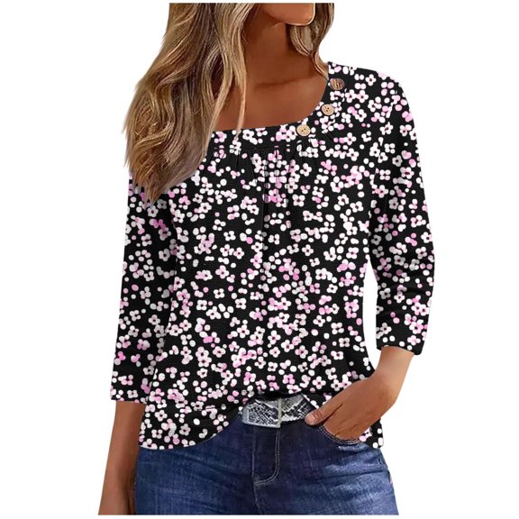 WCMZJ Women's 3/4 Sleeve Casual Tunics Tops 2025 Summer Loose Shirts Floral Print Square Neck Blouse Black XL