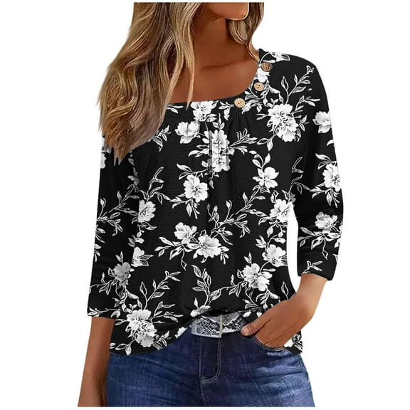 WCMZJ Women's 3/4 Sleeve Casual Tunics Tops 2025 Summer Loose Shirts Floral Print Square Neck Blouse Black XL