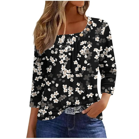WCMZJ Women's 3/4 Sleeve Casual Tunics Tops 2025 Summer Loose Shirts Floral Print Square Neck Blouse Black XL