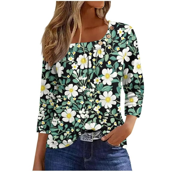WCMZJ Women's 3/4 Sleeve Casual Tunics Tops 2025 Summer Loose Shirts Floral Print Square Neck Blouse Green XL