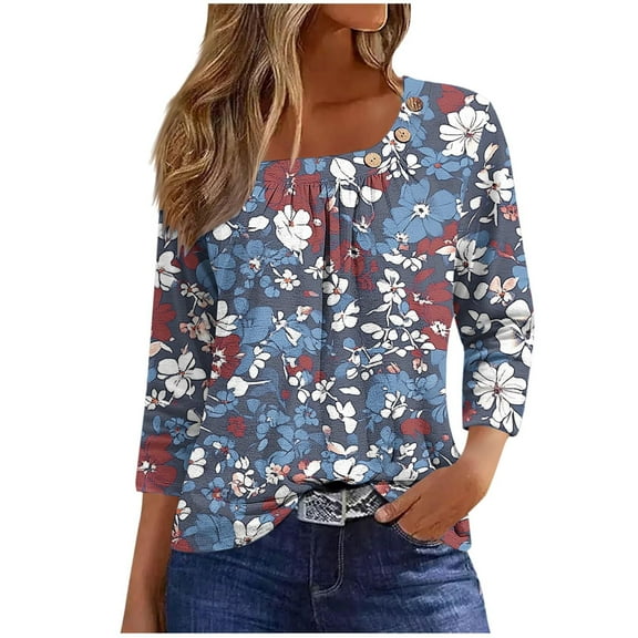 WCMZJ Women's 3/4 Sleeve Casual Tunics Tops 2025 Summer Loose Shirts Floral Print Square Neck Blouse Navy S