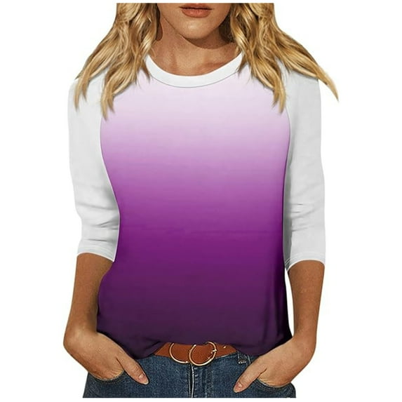 WCMZJ Women's 3/4 Sleeve Shirts Crew Neck Loose Tops Casual Gradients Print Tshirts Trendy Basic Tunic Summer Ladies Tops Purple L