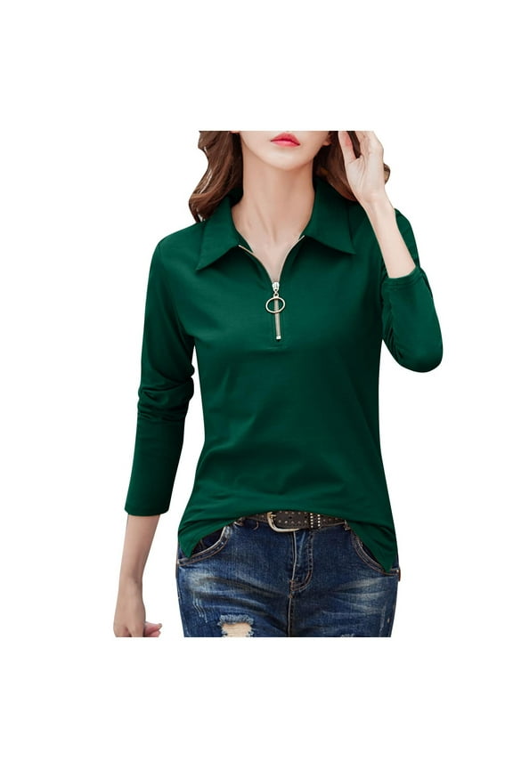 Women's 3/4 Sleeve Tops V Neck T Shirts Zipper Solid Color Collared Polo Shirts V Dressy Casual Summer Fall Outfts Green XL