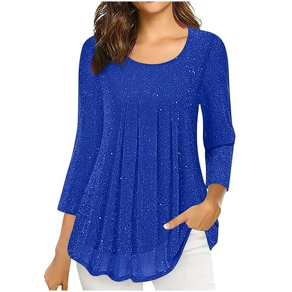 WCMZJ Women's 3/4 Sleeve Tunic Tops Round Neck Casual Loose Fit Blouses Mesh Pleated Layered Shirt Fashion 2025 Blue S