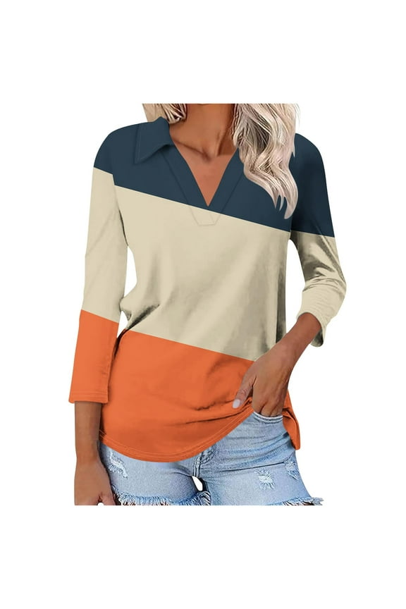 Women's 3/4 Sleeves V Neck Polo Shirts Color Block Casual Summer Tops Basic Collar Cute Tunic Tees Orange M