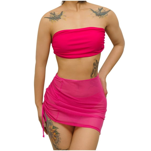 WCMZJ Women's 3 Piece Bathing Suits Tube Top and Bikini Bottoms Bikini Set with Cover Up Skirts Hot Pink L
