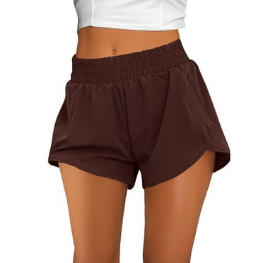 WCMZJ Women's Athletic Shorts High Waisted Running Shorts Pocket Sporty Short Gym Elastic Workout Shorts Brown S