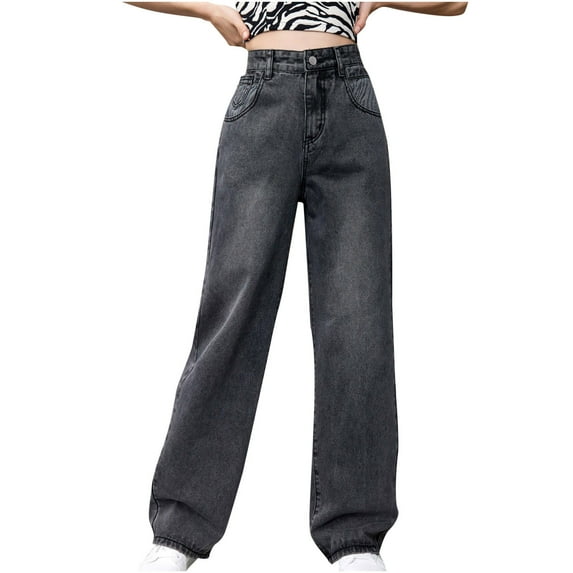 WCMZJ Women's Baggy Boyfriend Denim Jeans Casual High Waist Pants Wide Leg Straight Loose Trousers Y2K Streetwear Pants Gray M