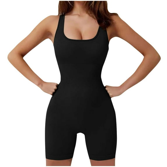 WCMZJ Women's Bodysuit Yoga Workout Romper One Piece Outfits Ribbed Sleeveless Going Out Bodycon Jumpsuit Shorts Black S