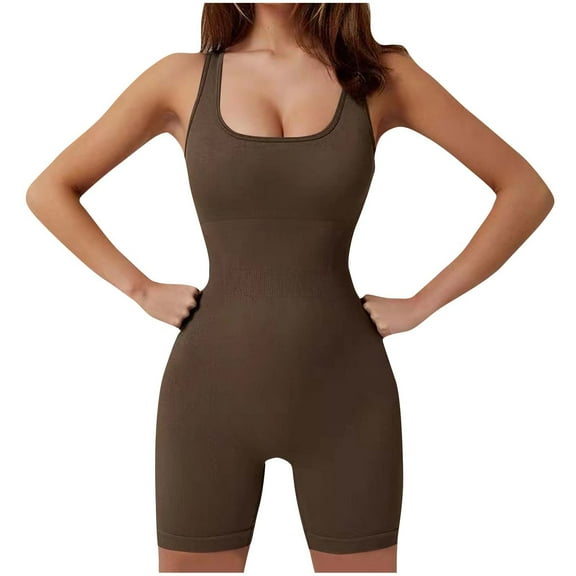 WCMZJ Women's Bodysuit Yoga Workout Romper One Piece Outfits Ribbed Sleeveless Going Out Bodycon Jumpsuit Shorts Coffee S