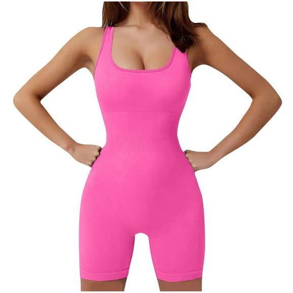 WCMZJ Women's Bodysuit Yoga Workout Romper One Piece Outfits Ribbed Sleeveless Going Out Bodycon Jumpsuit Shorts Hot Pink S