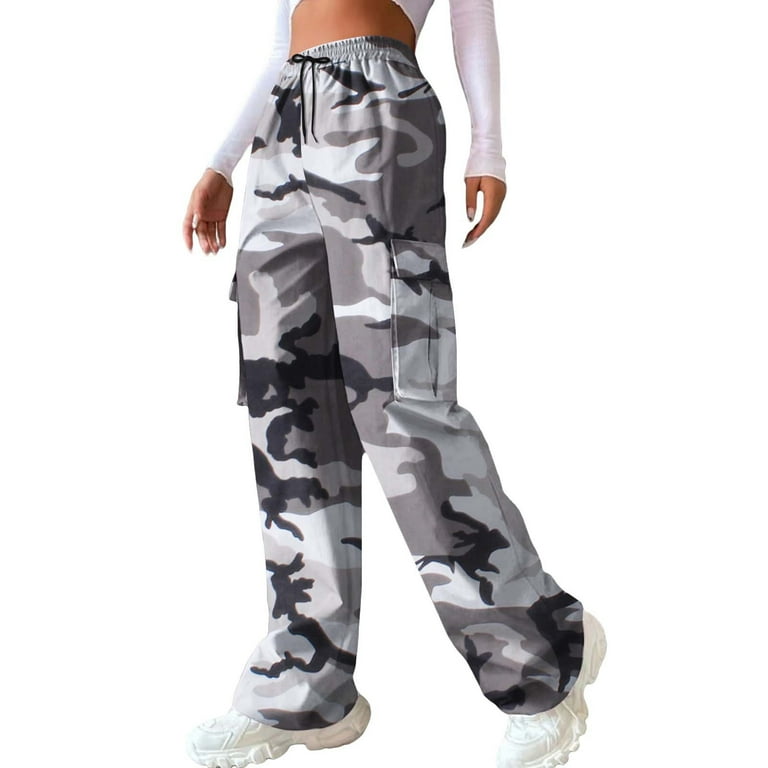 WCMZJ Women s Camo Sweatpants Cargo Trousers Cool Camouflage Pants Elastic Waist Casual Multi Jogger Pants with Pocket Gray 3XL