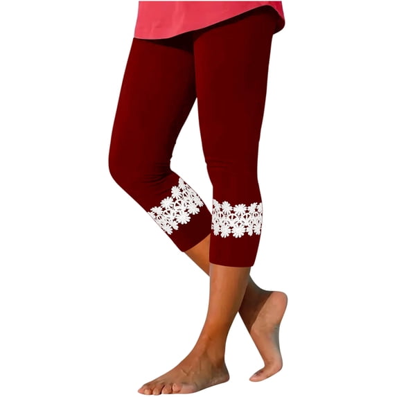 WCMZJ Women's Capri Leggings Summer Comfy Skinny Leggings Lace Splicing High Waisted Lounge Pants Cut Out Workout Tights Compression Capris Wine Red L