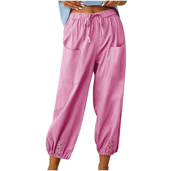 WCMZJ Women's Capri Pants High Waist Drawstring Elastic Capris Lantern Tapered Pant Bottom with Button Loose Casual Trouser With Pockets