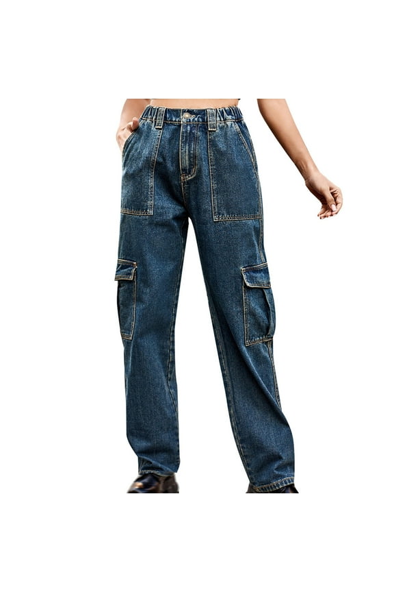 Women's Cargo Jogger Jeans Elastic High Waist Slim Denim Cargo Pants Flap Pocket Y2K Streetwear Casual Straight Leg Trousers Blue-2 XL
