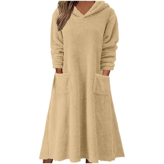 WCMZJ Women's Casual Fluffy Granular Fleece Sherpa Hooded Dress Oversized Plush Fuzzy Pullover Coat with Pockets Beige XXL