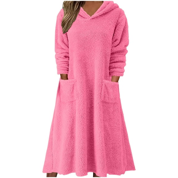 WCMZJ Women's Casual Fluffy Granular Fleece Sherpa Hooded Dress Oversized Plush Fuzzy Pullover Coat with Pockets Hot Pink XL