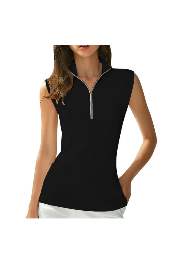 Women's Casual Golf Polo Shirts Collar Neck Quarter Zip Front Sleeveless Tank Tops Shirt