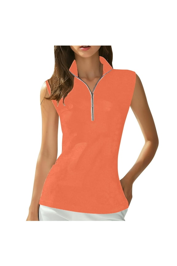 Women's Casual Golf Polo Shirts Collar Neck Quarter Zip Front Sleeveless Tank Tops Shirt