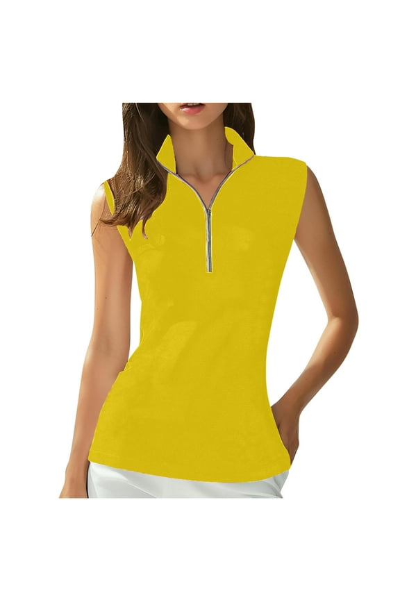 Women's Casual Golf Polo Shirts Collar Neck Quarter Zip Front Sleeveless Tank Tops Shirt