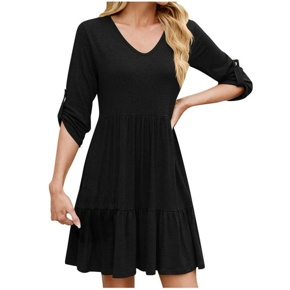 WCMZJ Women's Casual Half Sleeve V Neck Tiered Swing Flowy Loose A-line Cute Mini Short Spring Summer Dress Black L