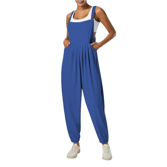 WCMZJ Women's Casual Jumpsuits Waffle Knit Front Pocket Loose Overalls One Piece Sleeveless Wide Leg Long Pant Rompers Blue L