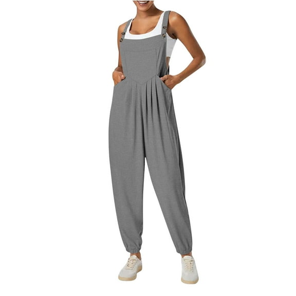 WCMZJ Women's Casual Jumpsuits Waffle Knit Front Pocket Loose Overalls One Piece Sleeveless Wide Leg Long Pant Rompers Gray S